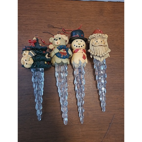The Unbranded Brand Other - Vintage Set of 4 Icicle Christmas Ornaments Bear Snowman Santa Tree Decoration